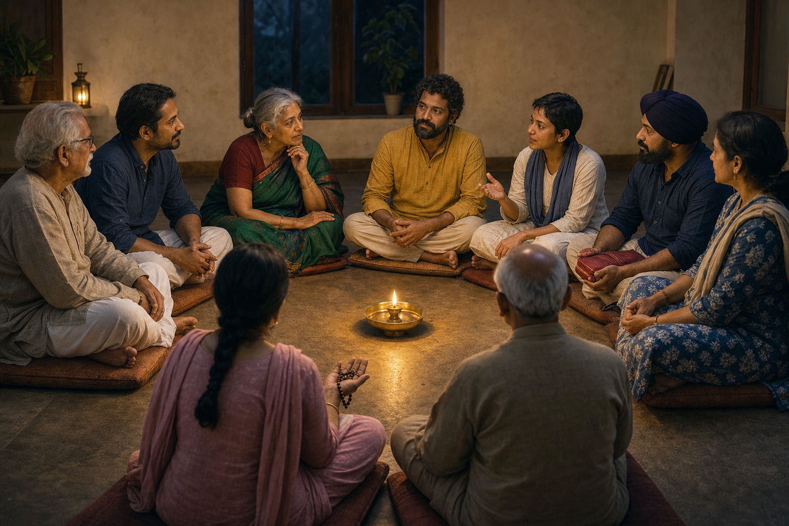 Adults of different generations sit in a listening circle around an oil lamp, with a cloth-wrapped book and prayer beads among them.