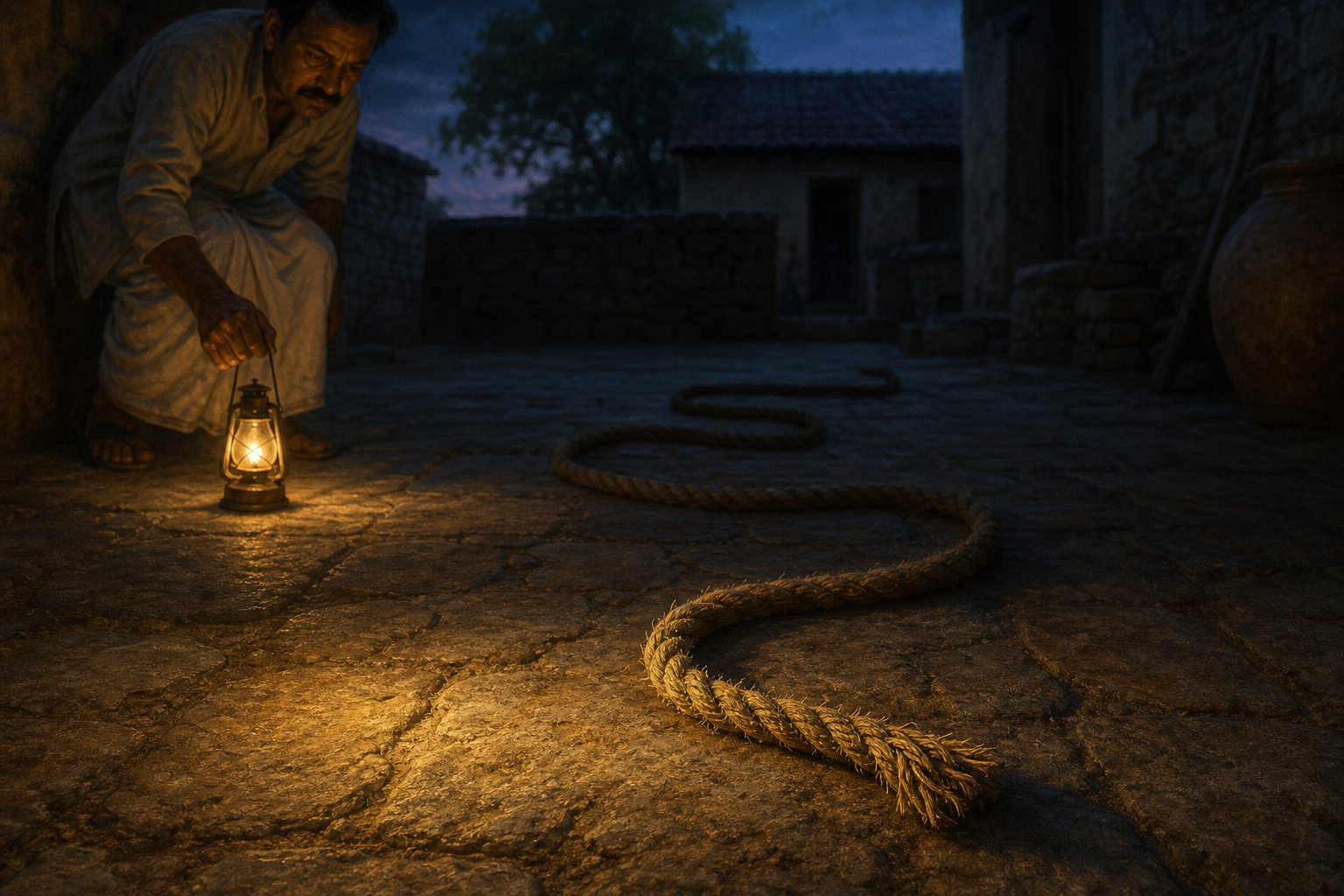 A traveler examines a coiled rope with a lantern on a dawn path while its shadow retains a vaguely snake-like shape.