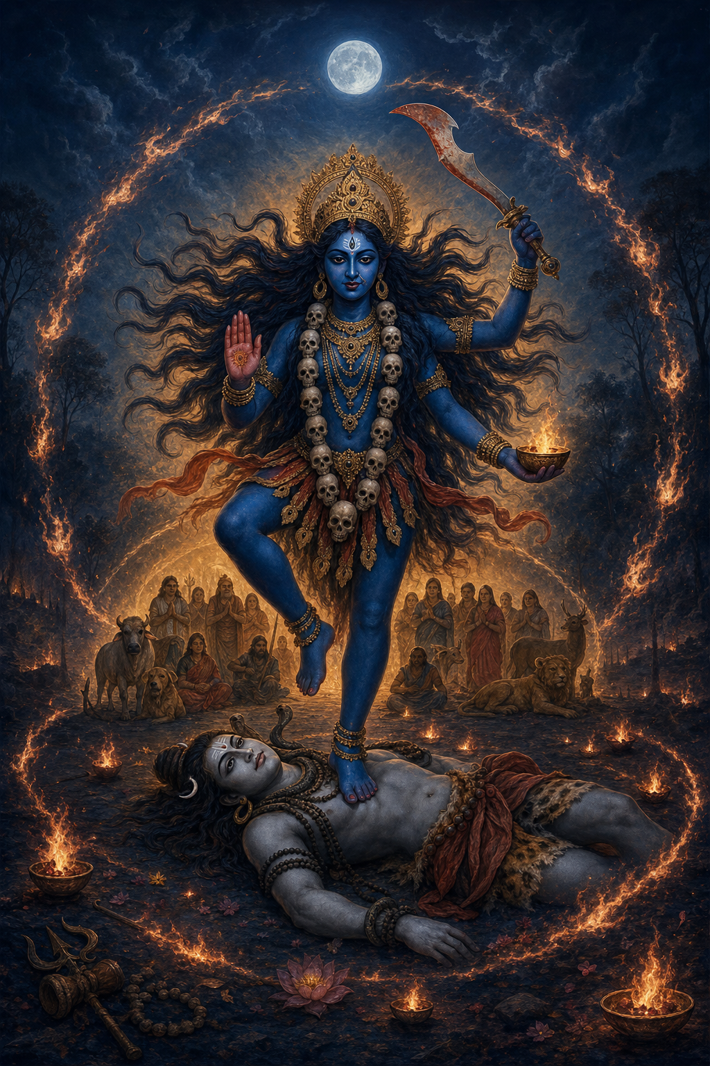 A dark-blue goddess with flowing hair, a curved blade, skull-shaped beads and a raised protective hand stands above a serene reclining divine figure in a moonlit cremation-ground setting.