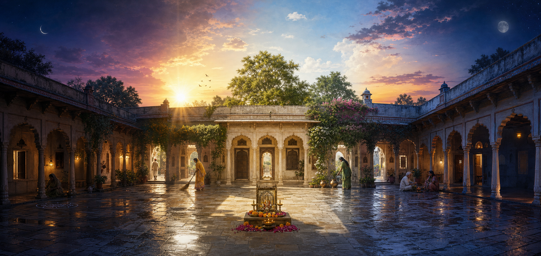 One courtyard is shown from predawn through morning to moonlit evening, with the same puja setting present as the light changes.