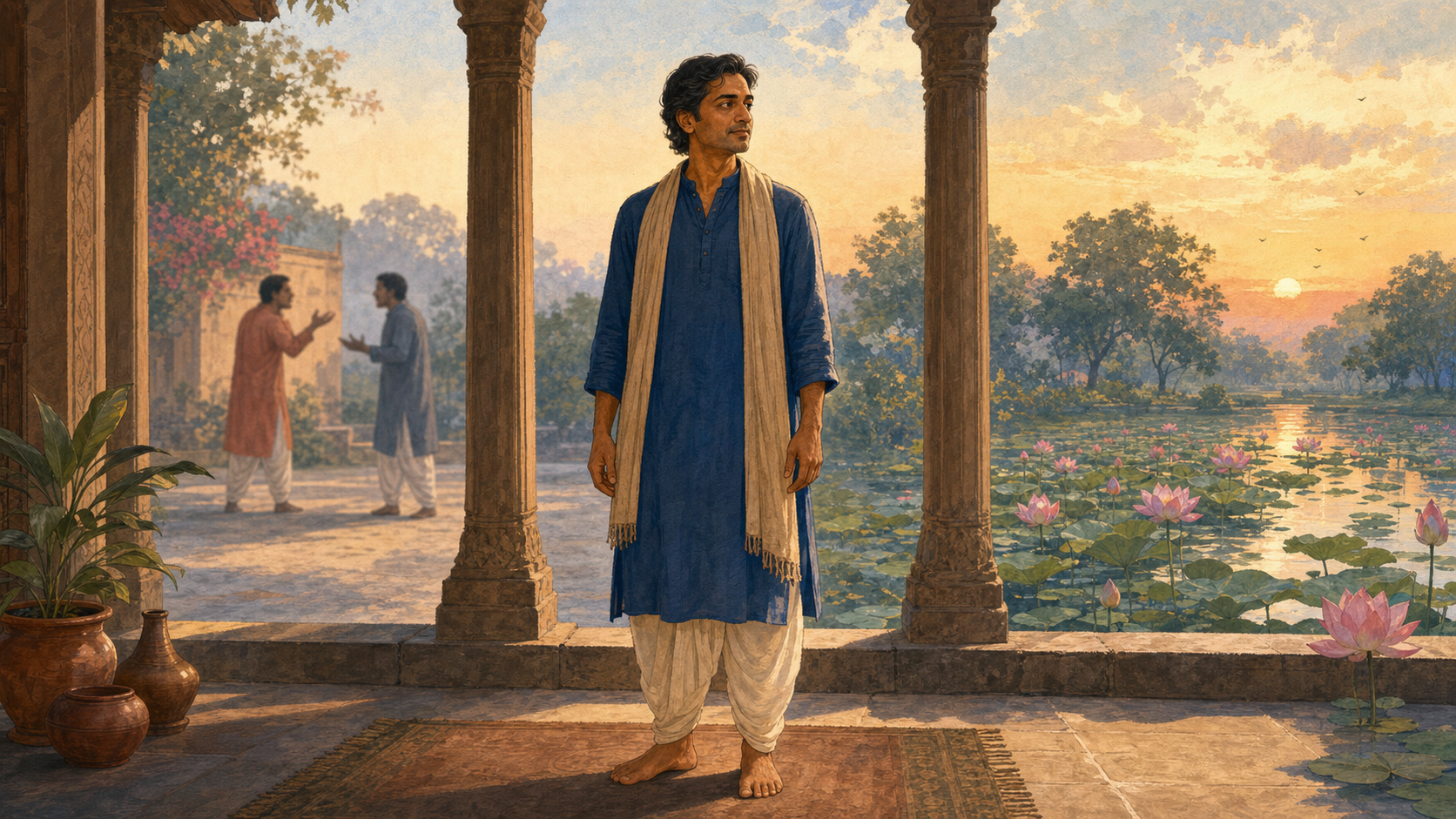 A calm adult stands on a veranda between two distant people arguing and a quiet lotus pond at sunrise.