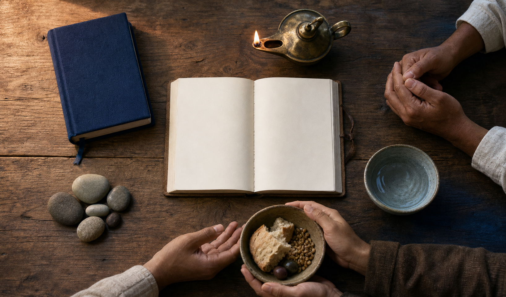 An unmarked journal, wrapped book, brass lamp, bowl of water, reflective hands, and hands offering food form a circular arrangement on a wooden surface.