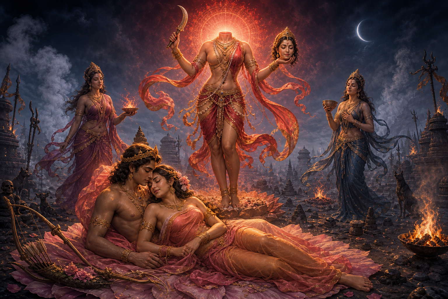 Chinnamasta stands above the partially draped Kama and Rati embracing in a cremation ground with small fires, smoke, attendants, and a crescent moon.