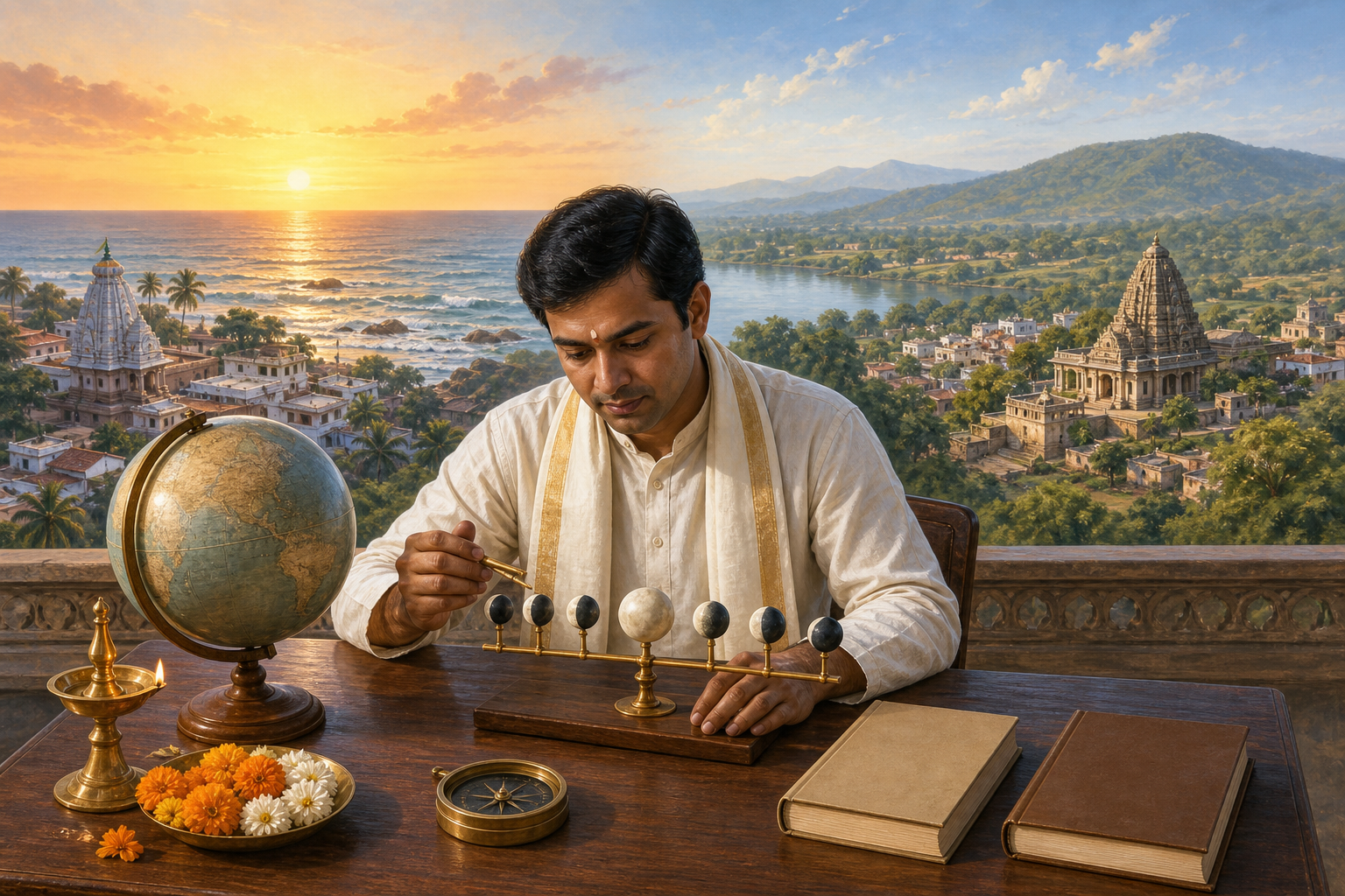 A practitioner compares a globe, compass, lunar-phase model, and two closed almanacs while two towns with different horizons appear in the distance.