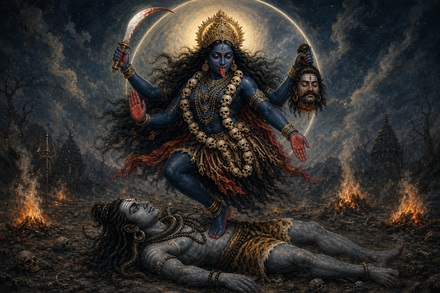 Four-armed Kali dances with a blade, symbolic head and open protective hand above the still, reclining Mahakala as small fires burn under a full moon.