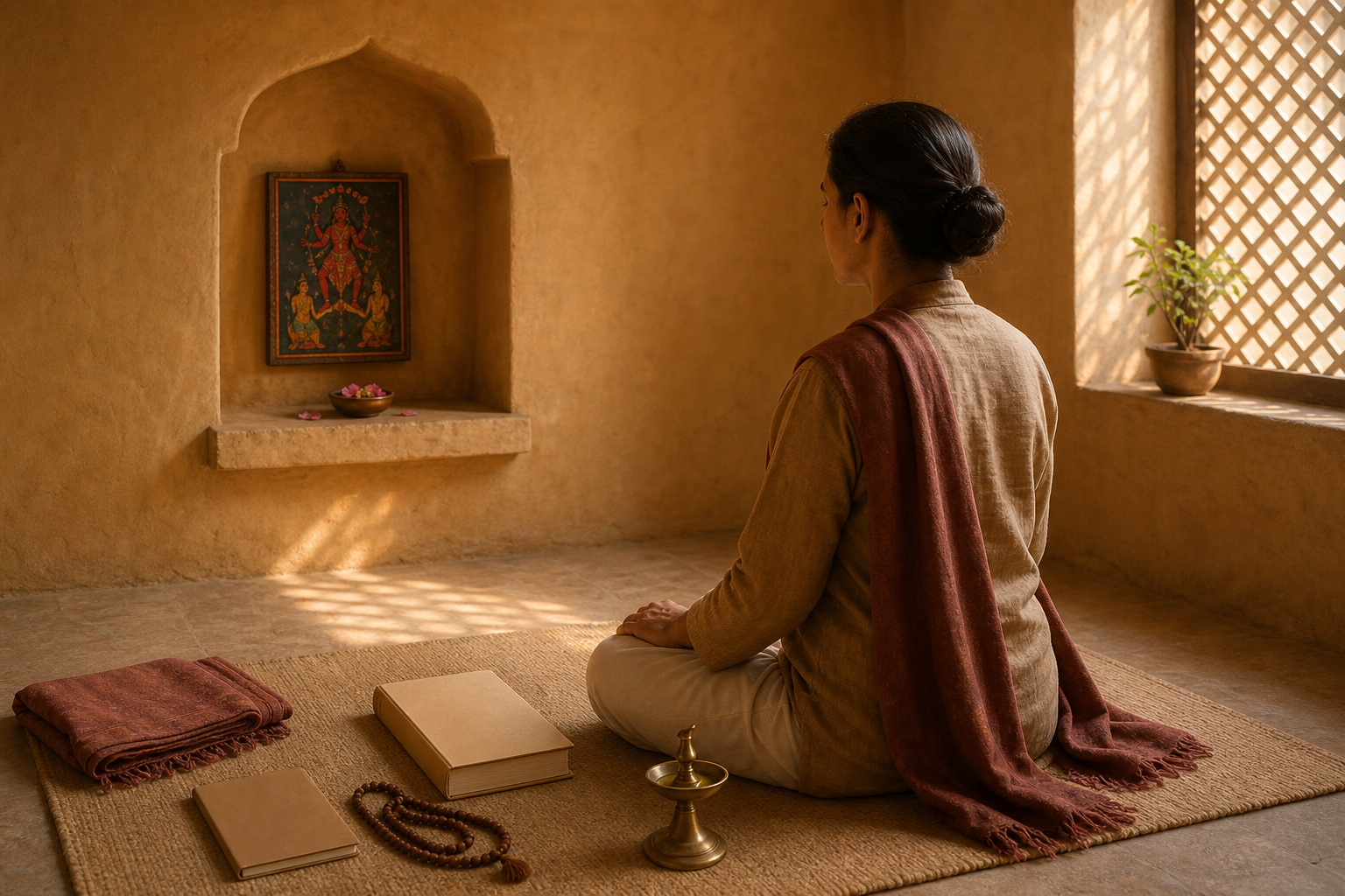 A seated practitioner quietly studies before a small Chinnamasta shrine in a simple room with prayer beads, a closed notebook, flowers, and an unlit lamp.