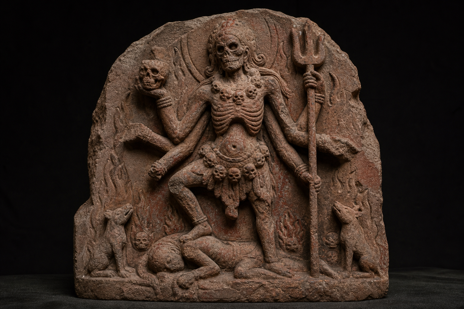 Rakta Chamunda appears at the center of a balanced composition linking her weapons, skull garland, skull-cup, corpse-seat, fire, and jackal.