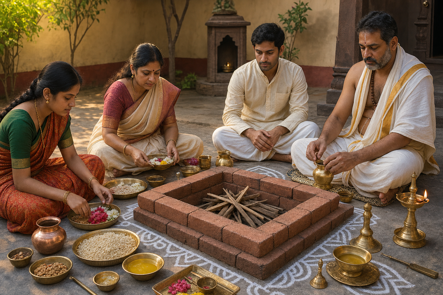 A priest and family organize offerings and prepare an unlit homa kund in a clean courtyard illuminated by morning light and an oil lamp.
