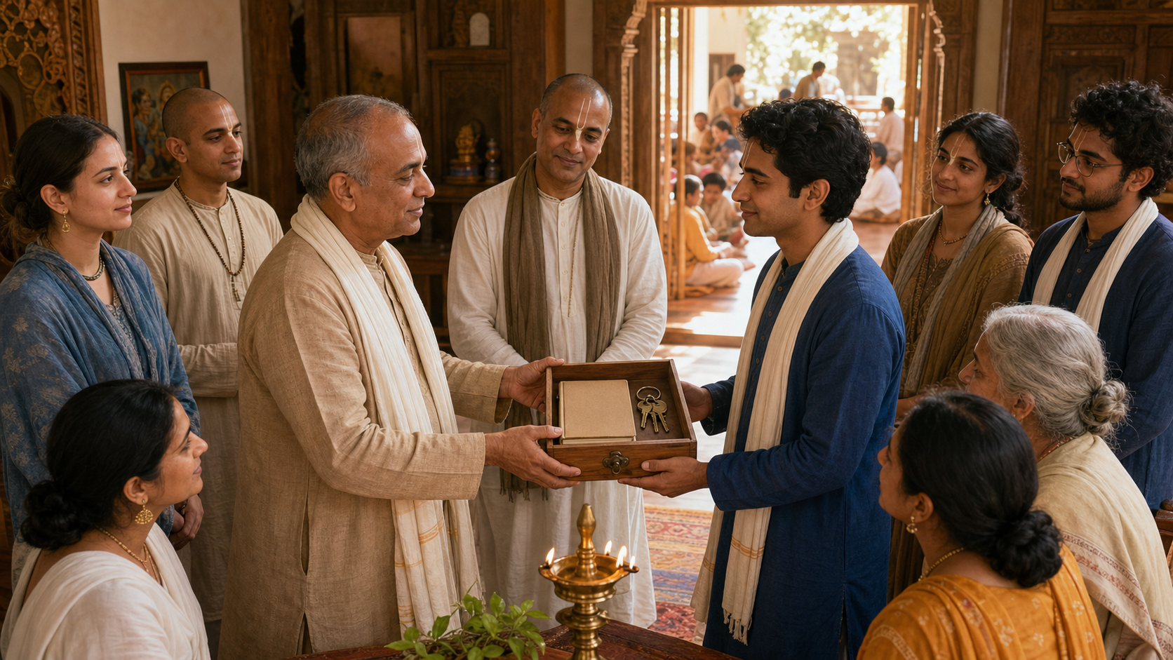 A senior devotee passes a wooden service box with an unmarked ledger and keys to a younger devotee as mentors and community members observe inside a temple hall.