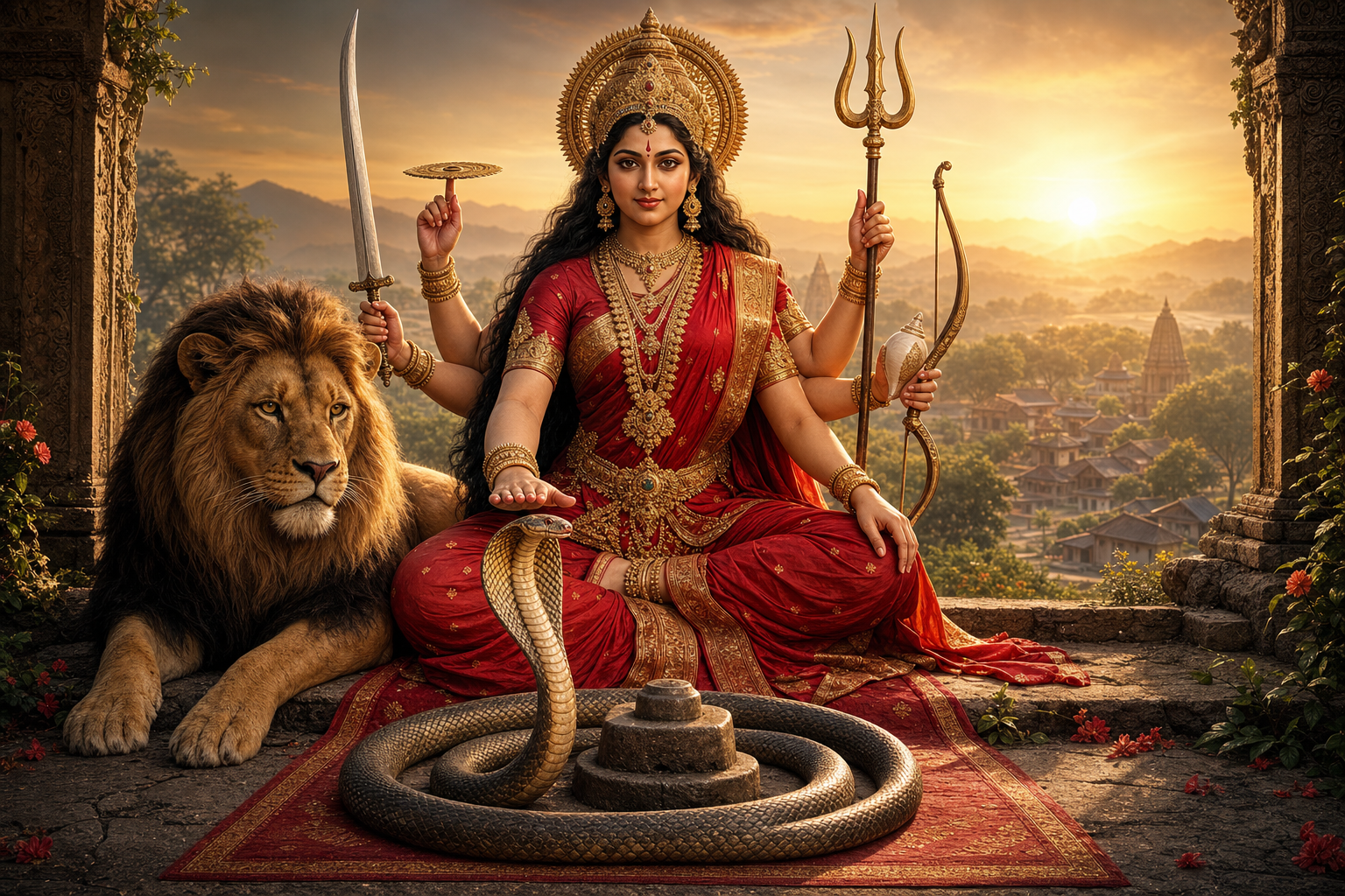 Durga sits beside a resting lion with several weapons held at rest while a calm hooded cobra coils in a circle on the stone before her.