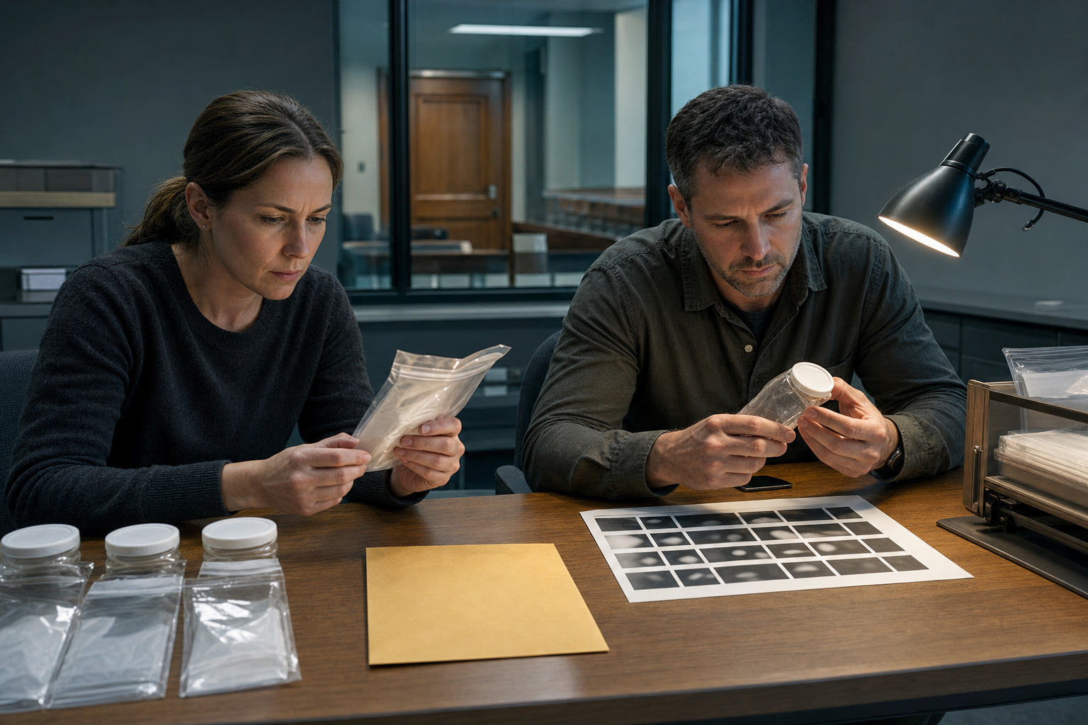 Two investigators methodically examine sealed evidence and abstract security images under a desk lamp in a secure room.
