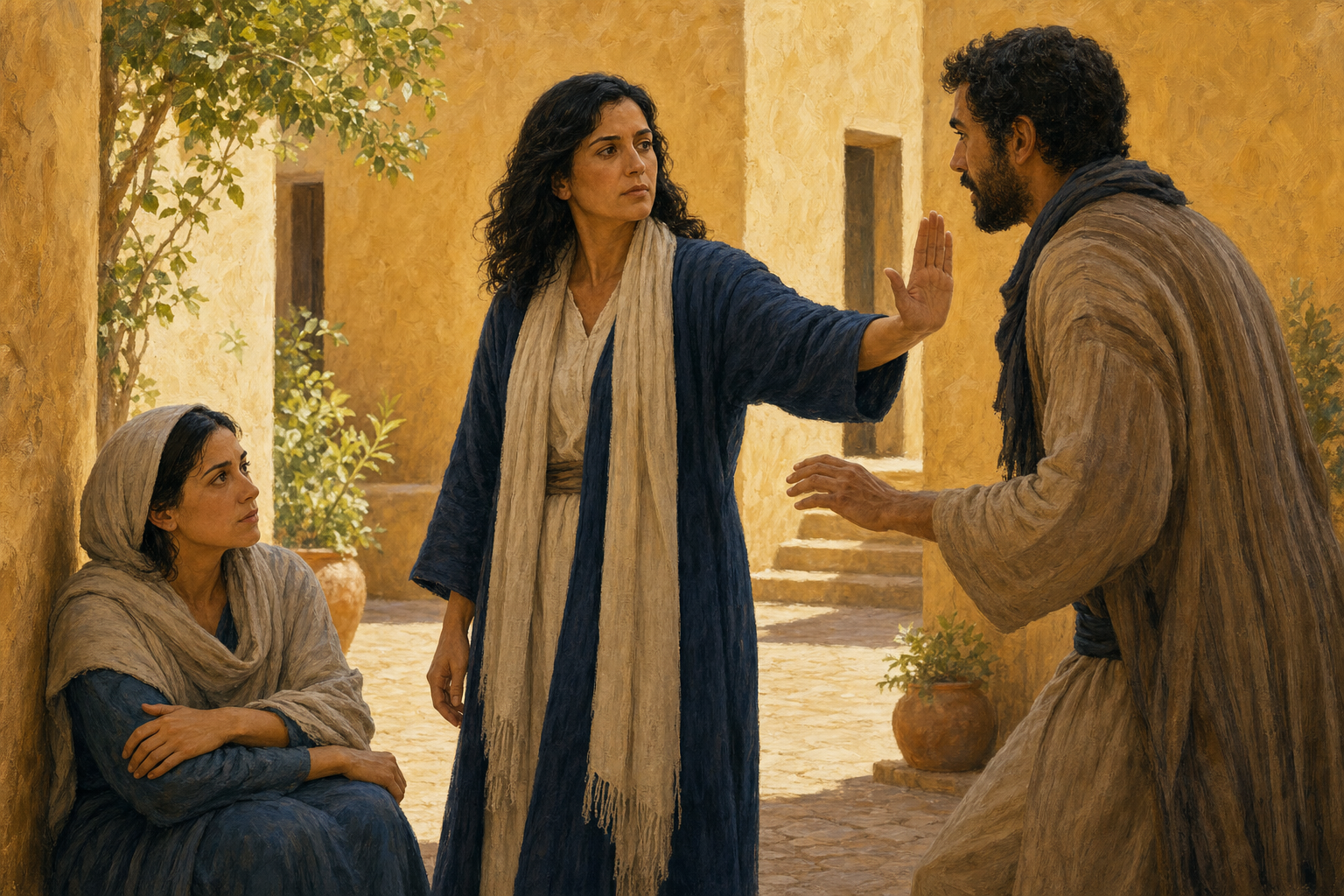An adult calmly raises an open hand to stop harmful behavior while standing beside a seated person in a sunlit courtyard.