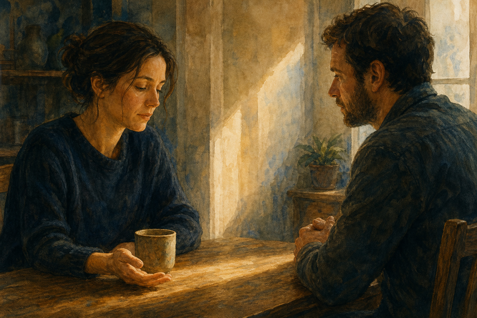 Two adults sit across a table while one pauses with closed lips and an open hand before responding.