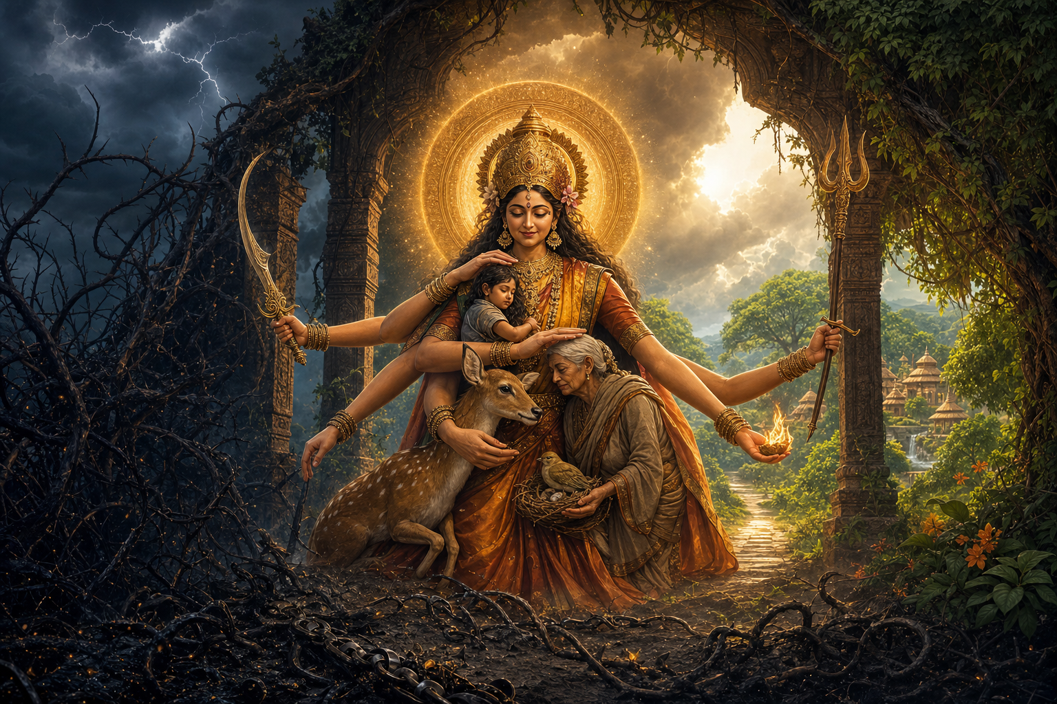 A many-armed goddess holds weapons toward thorny shadows while her other arms shelter a child, an older pilgrim, a deer and a bird beneath a golden aura.
