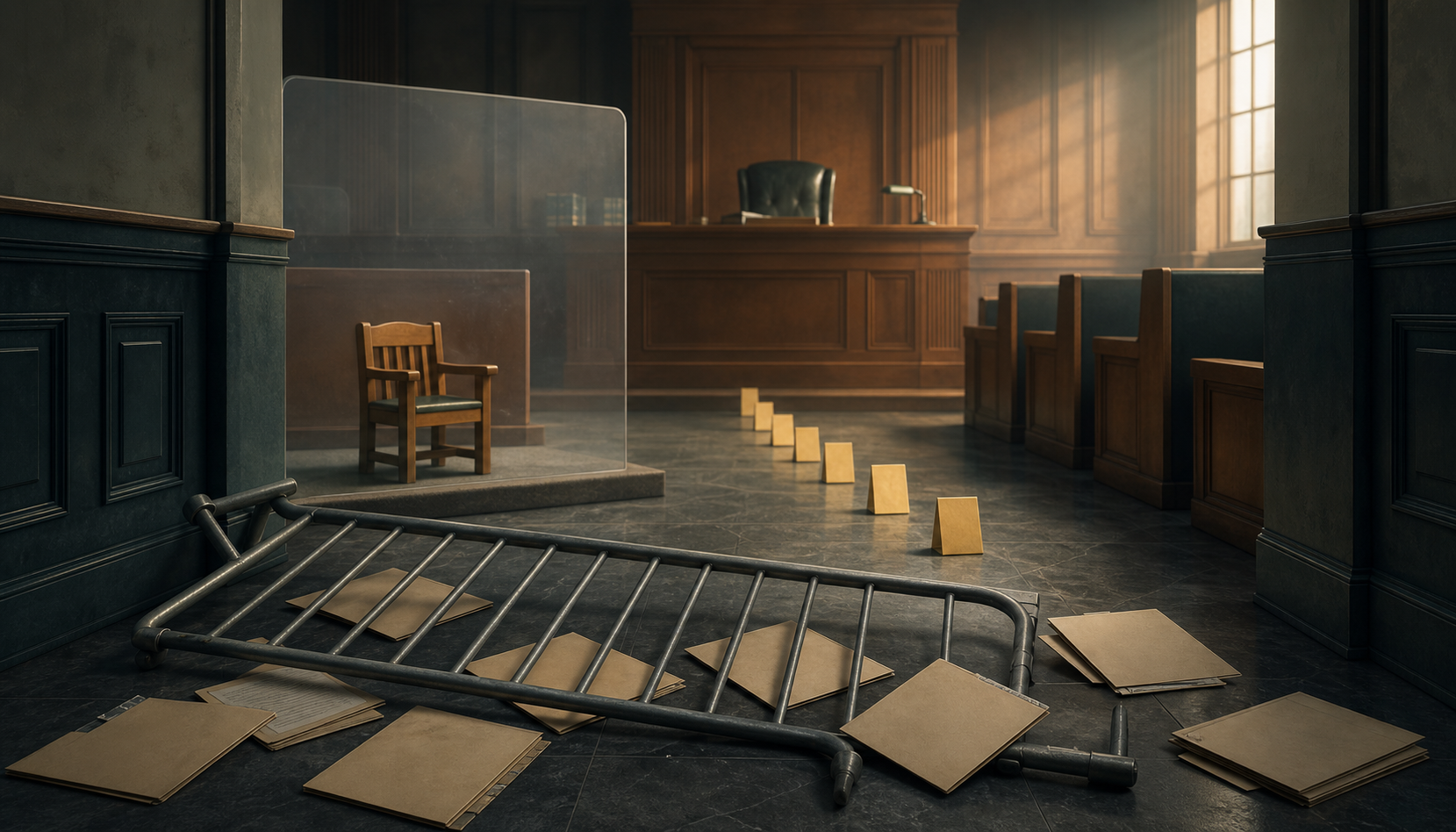 An empty child-sized witness chair behind a protective screen faces a courtroom aisle obstructed by a fallen barrier and scattered case folders.