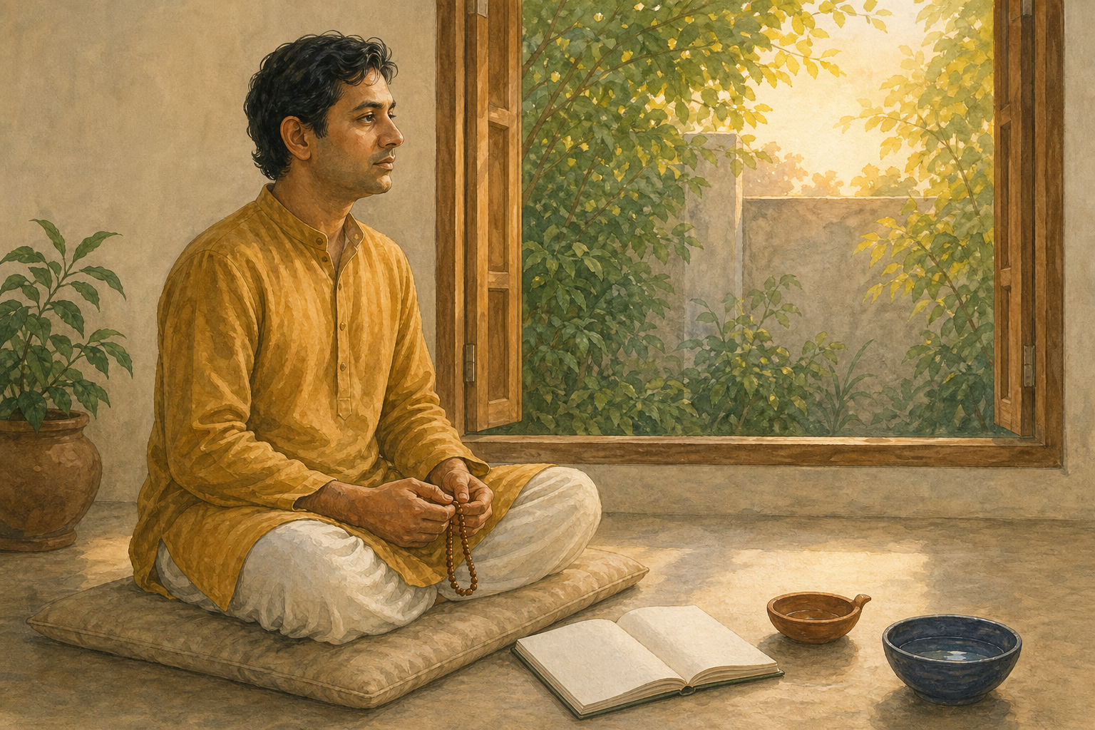 An adult sits on a cushion at dawn with wooden prayer beads, a blank notebook, a clay lamp, and a bowl of water nearby.