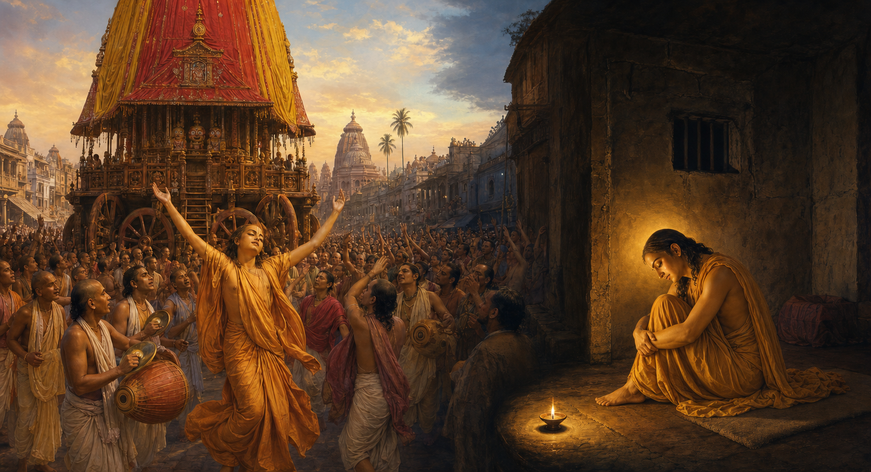 A panoramic scene flows from Chaitanya dancing before a festival chariot in daylight to Chaitanya sitting with two companions in a lamplit chamber at night.