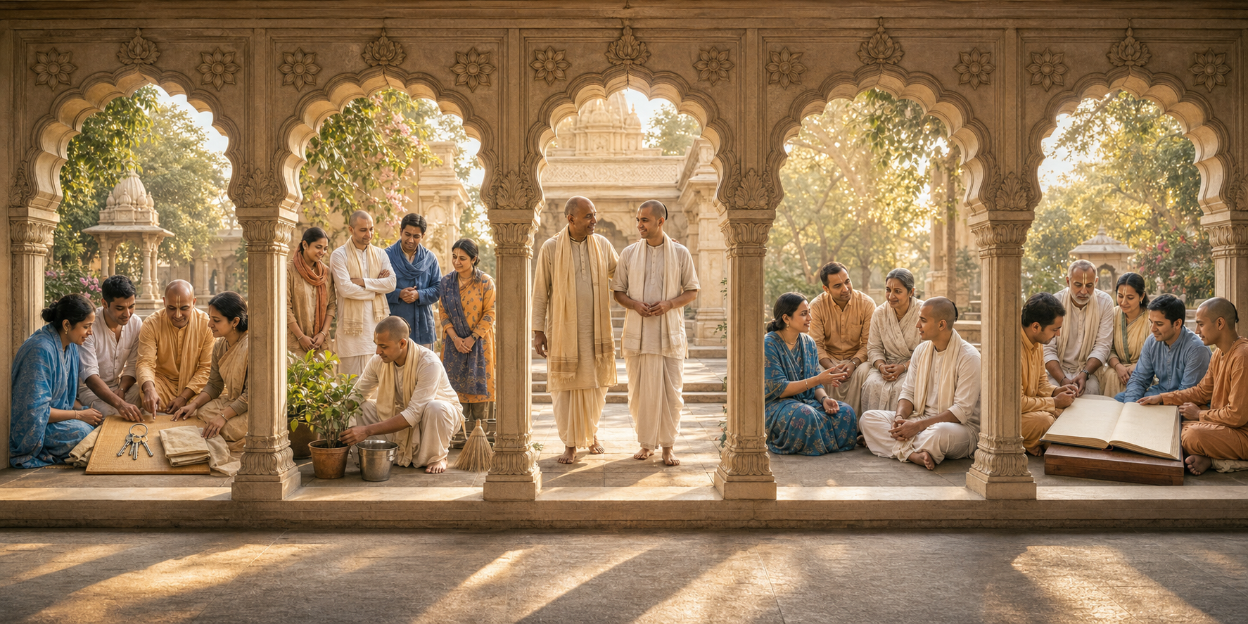 Five connected temple arches show devotees defining a responsibility, observing service, providing mentorship, hearing community feedback, and reviewing progress.