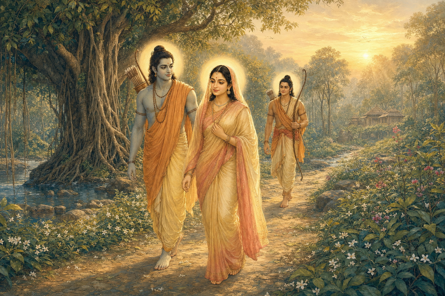 Sita walks at the center of a forest path beside Rama, with Lakshmana following behind near a stream and distant hermitage.