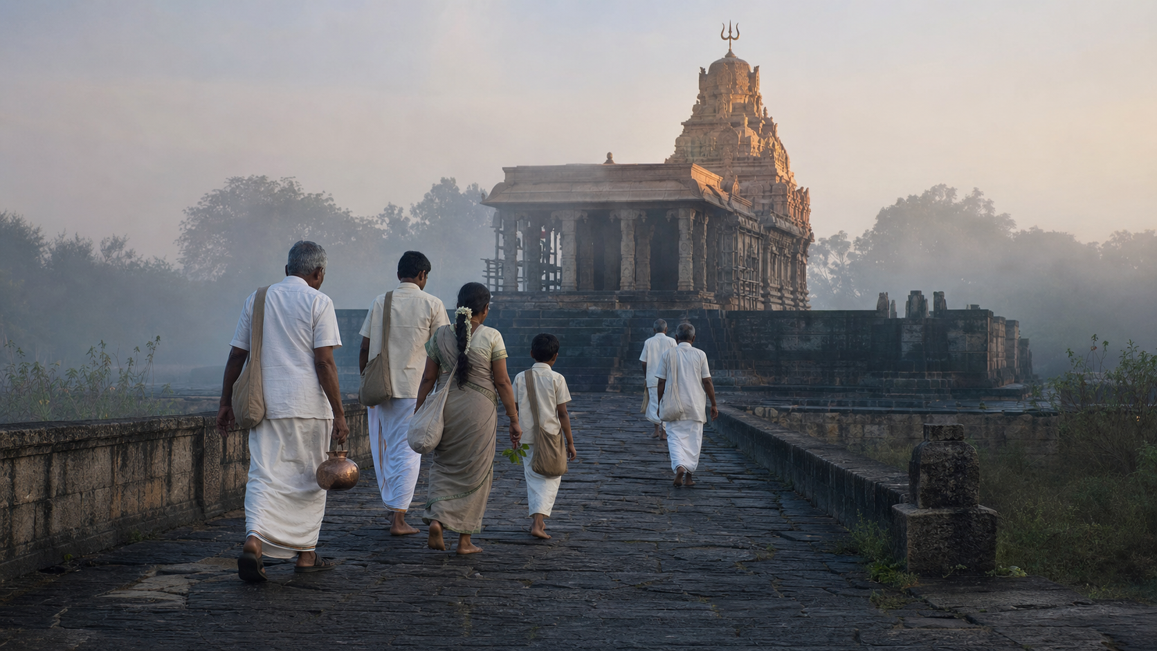Pilgrims carrying simple offerings and cloth bags walk along a stone path toward a Shiva temple at dawn.