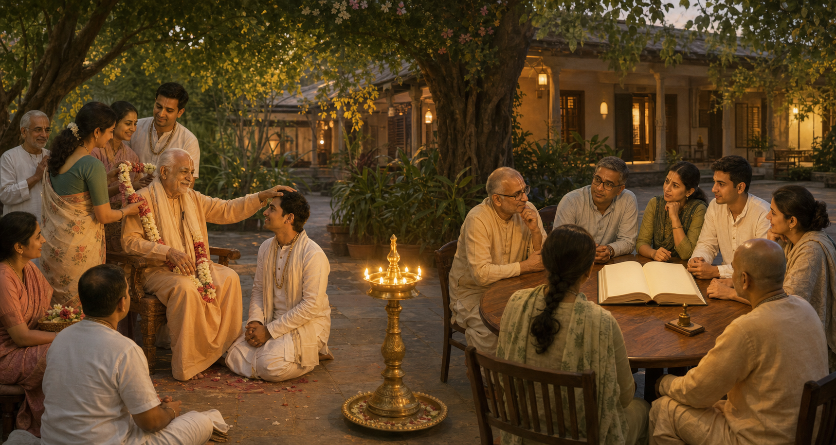 Community members honor a retiring elder with a flower garland while another group reviews an unmarked ledger at a nearby round table with the new leader present.
