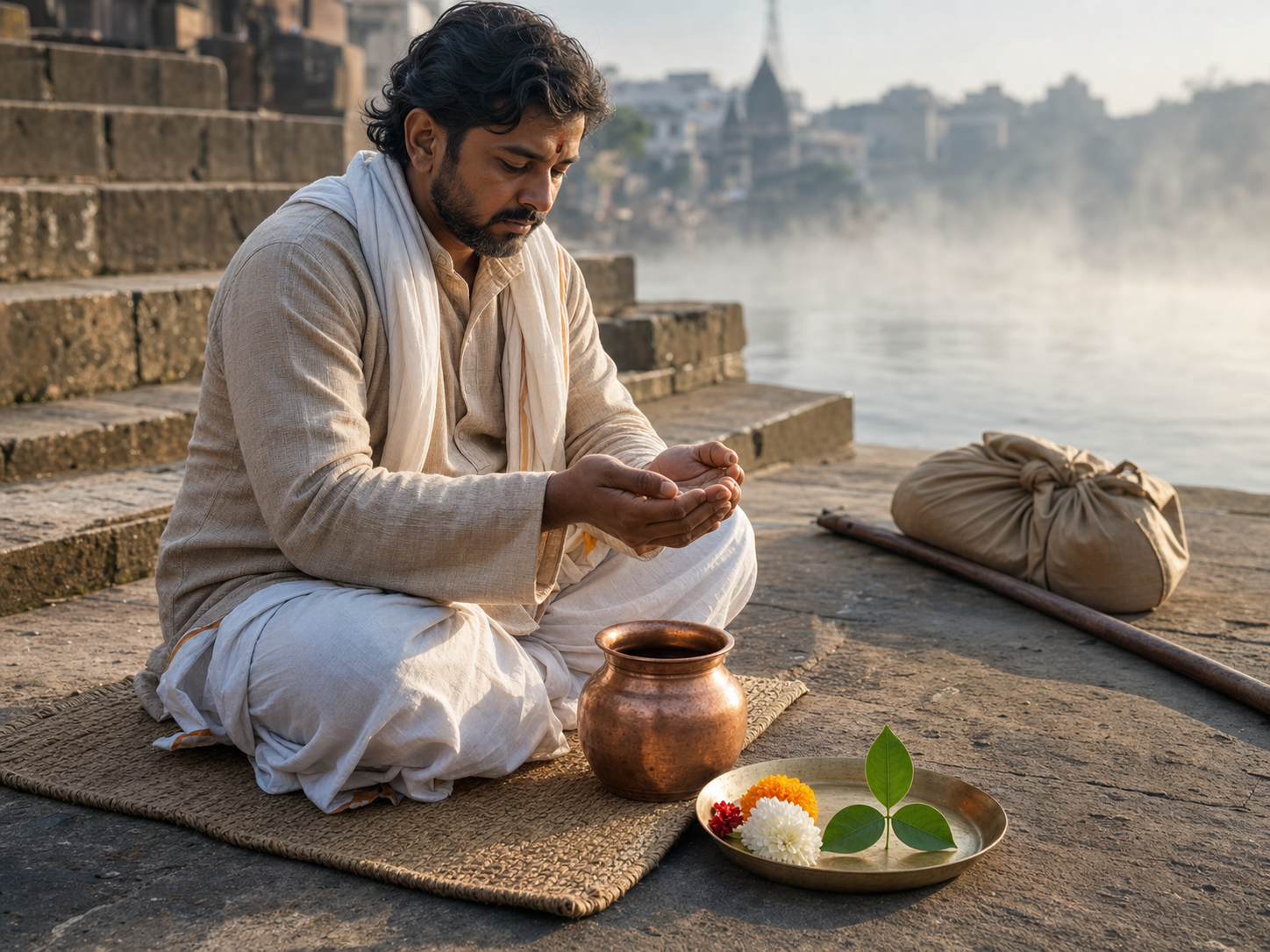 A devotee sits at a riverside ghat with cupped hands, a copper water vessel, flowers, bilva leaves, and a packed cloth bag.