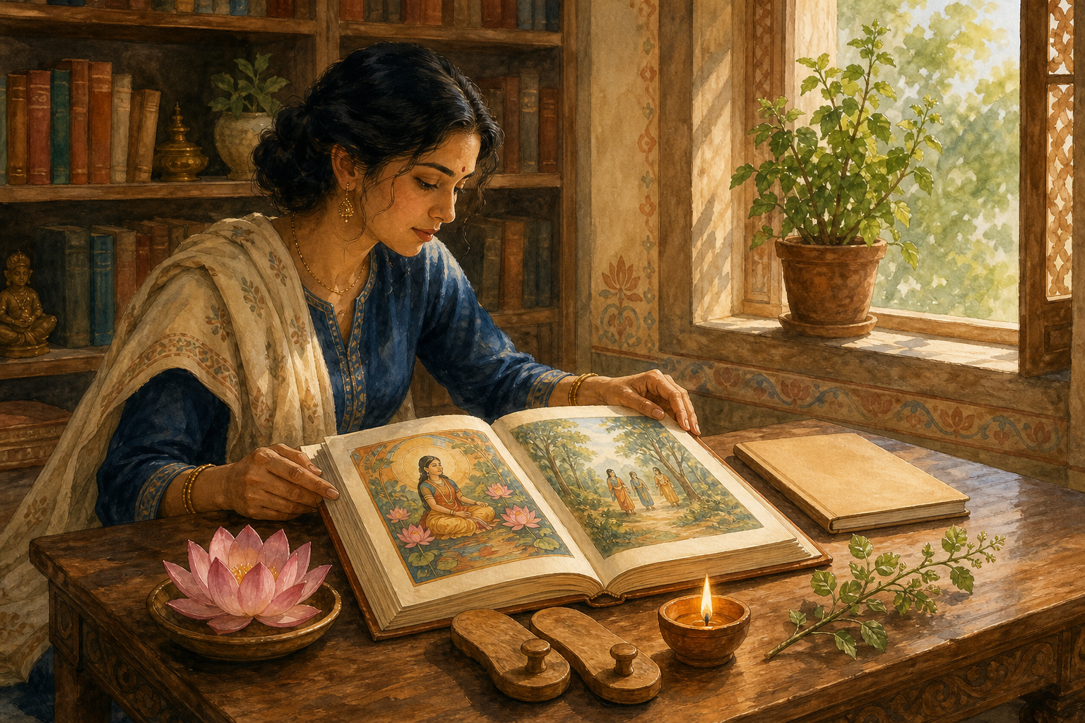 A woman studies an illustrated manuscript at a low desk beside a lotus, sandals, a clay lamp, and a leafy sprig.