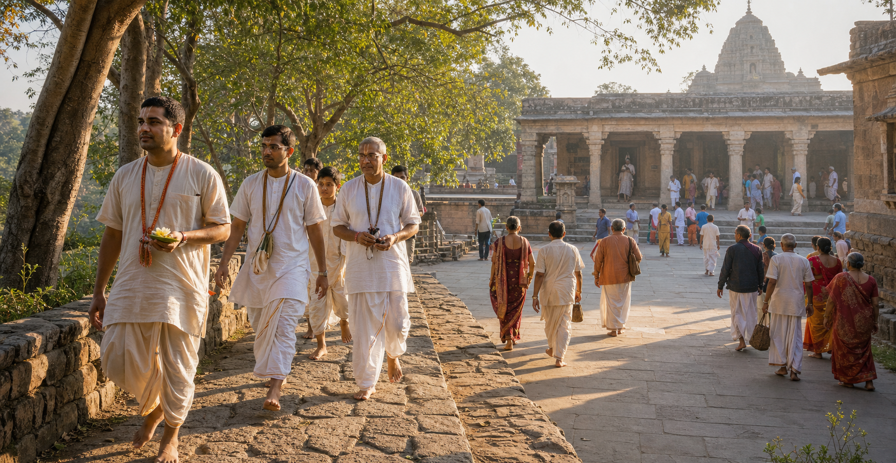 Walking pilgrims approach a temple courtyard where families and elders gather for a Vaishnava festival.