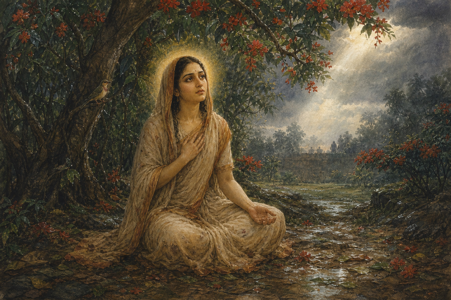 Sita sits upright beneath a flowering ashoka tree in a shadowed grove as light breaks through clouds above her.