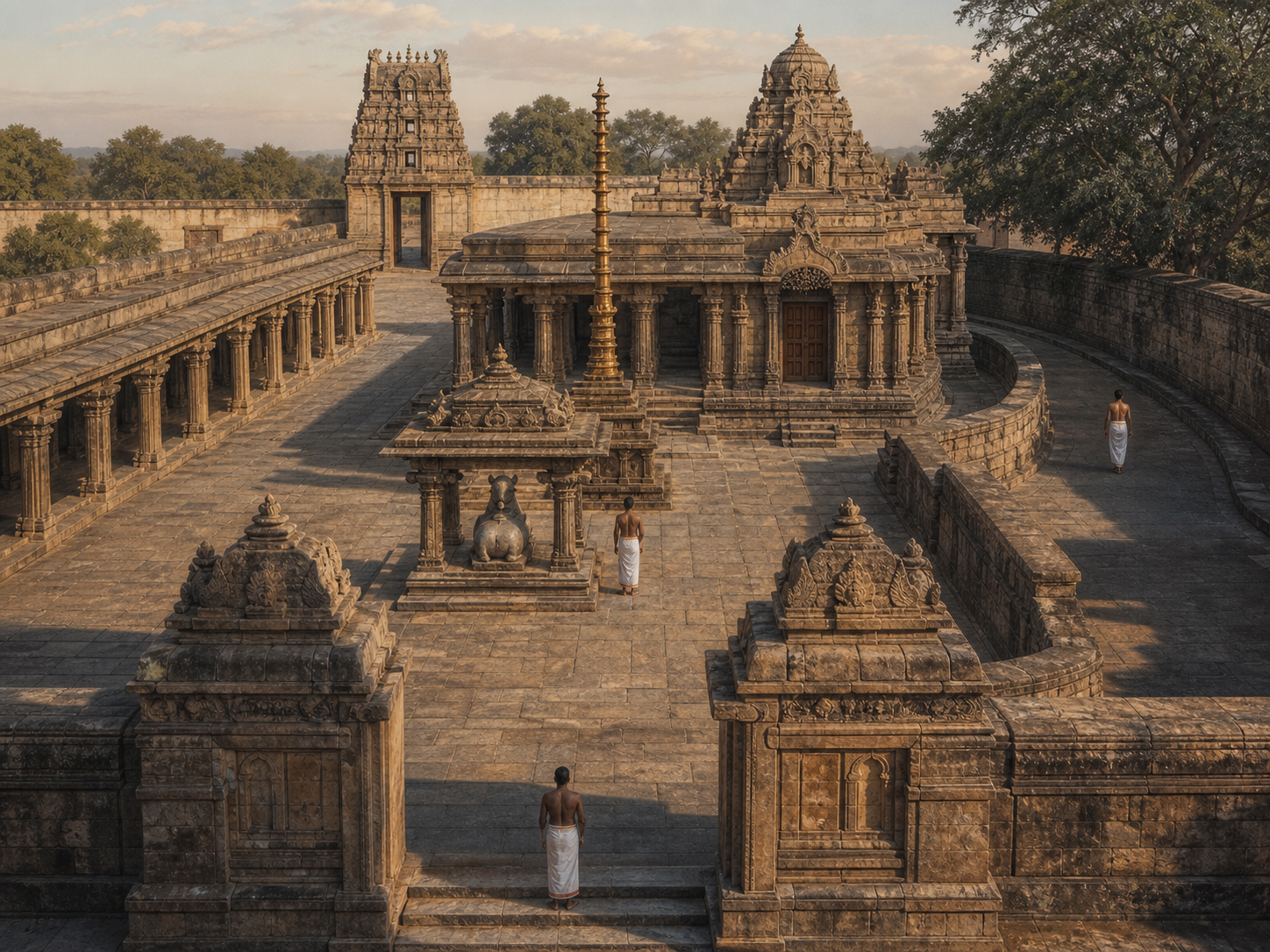 Pilgrims move through a stone temple courtyard aligned with a flagstaff, Nandi pavilion, mandapa, shrine entrance, and circumambulatory passage.