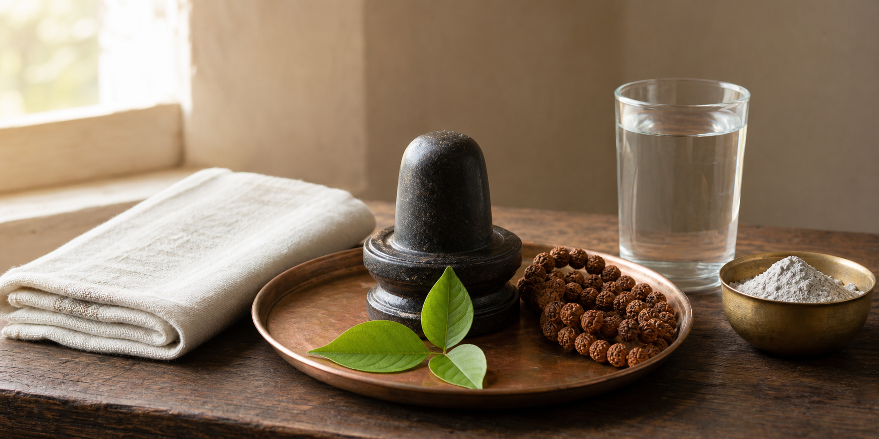 Bilva leaves, a rudraksha mala, and a bowl of sacred ash arranged beside a small Shiva lingam on a copper tray.
