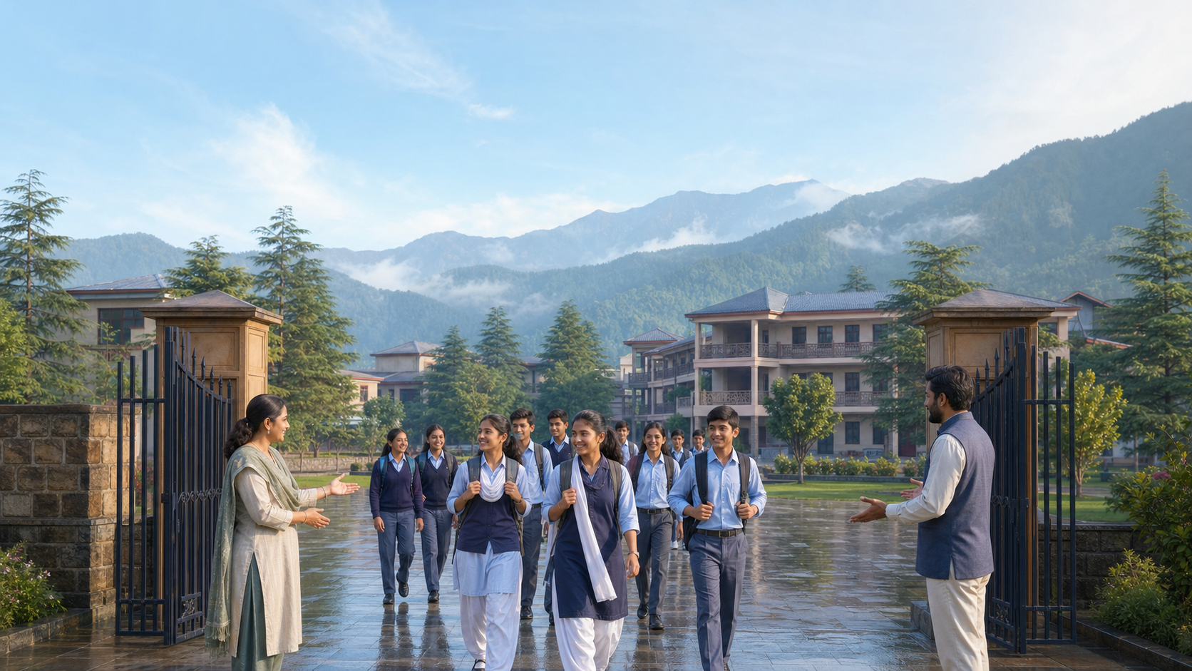 Students enter a minority-run school in Uttarakhand as teachers welcome them, with Himalayan foothills and deodar trees in the background.
