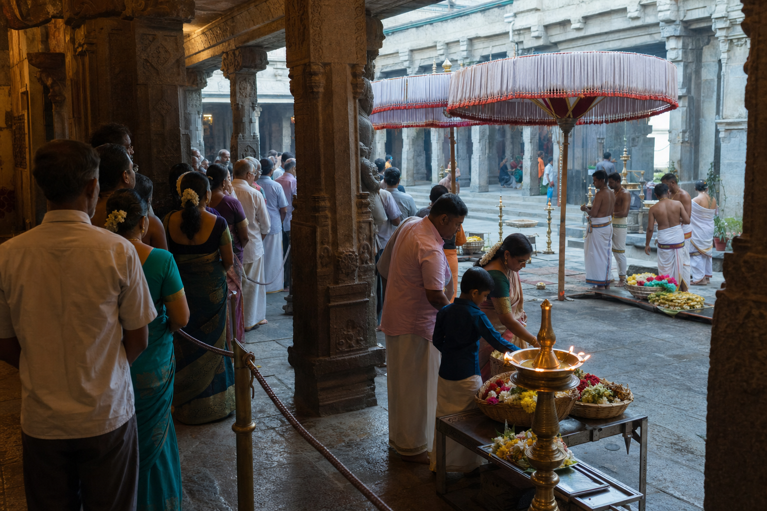 Devotees wait beneath a temple colonnade while attendants prepare lamps and garlands for a procession.