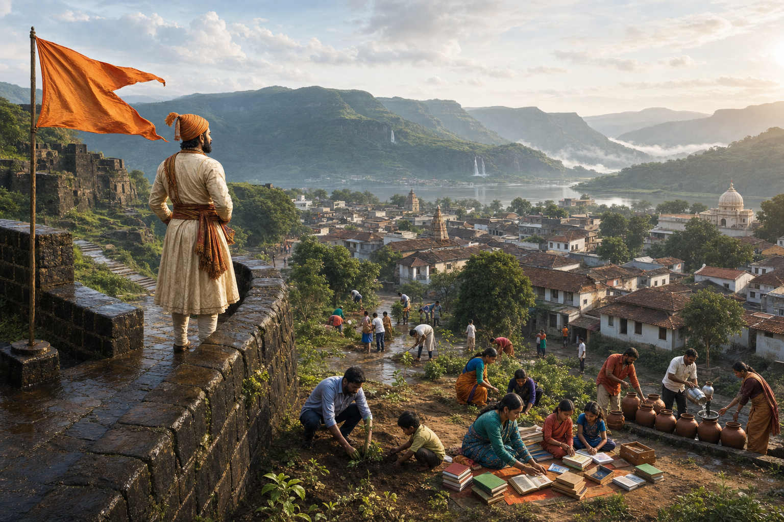Shivaji stands on a Deccan fort rampart above a Maharashtra neighborhood where families and volunteers plant saplings, arrange books, and prepare water vessels.