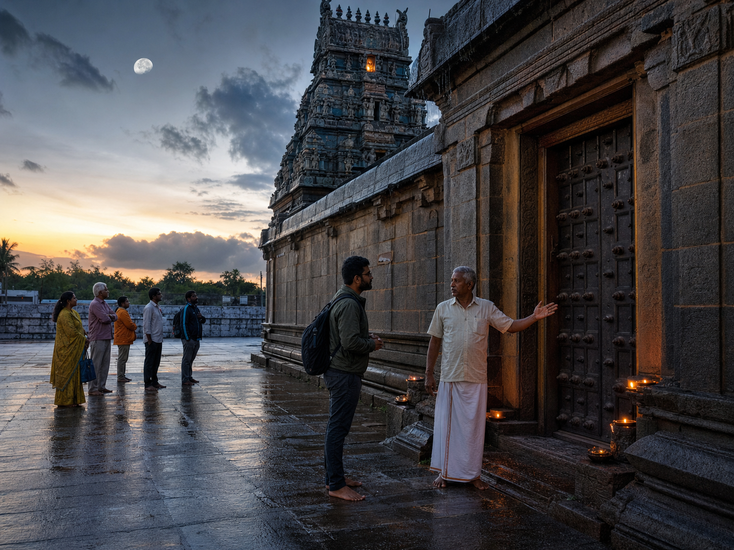 A pilgrim consults a temple attendant in a wet predawn courtyard while the moon remains visible above the temple tower.