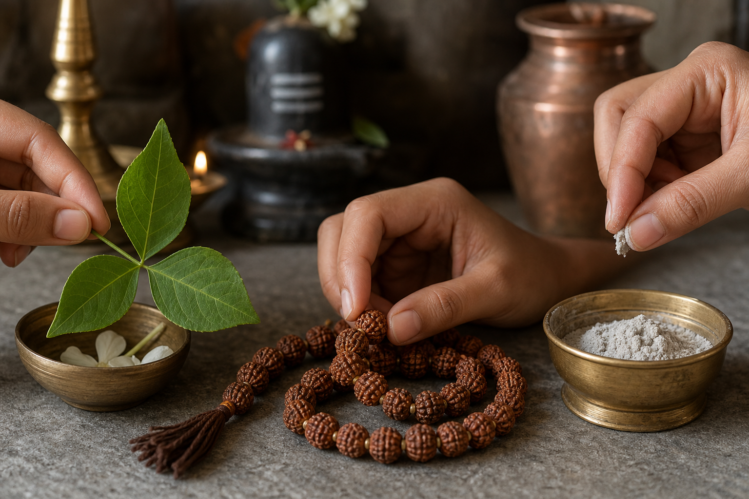 A bilva leaf, a hand touching a rudraksha bead, and fingers taking sacred ash from a brass bowl appear in three parts of one still-life scene.
