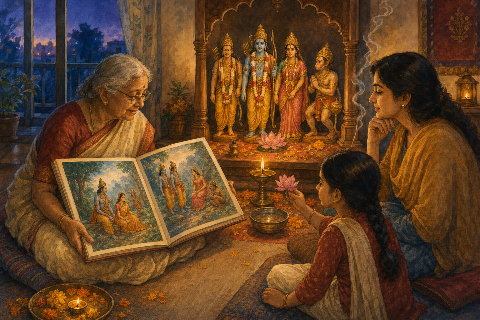 Three generations gather around a wordless illustrated book and a home altar with figures of Sita, Rama, Lakshmana, and Hanuman.
