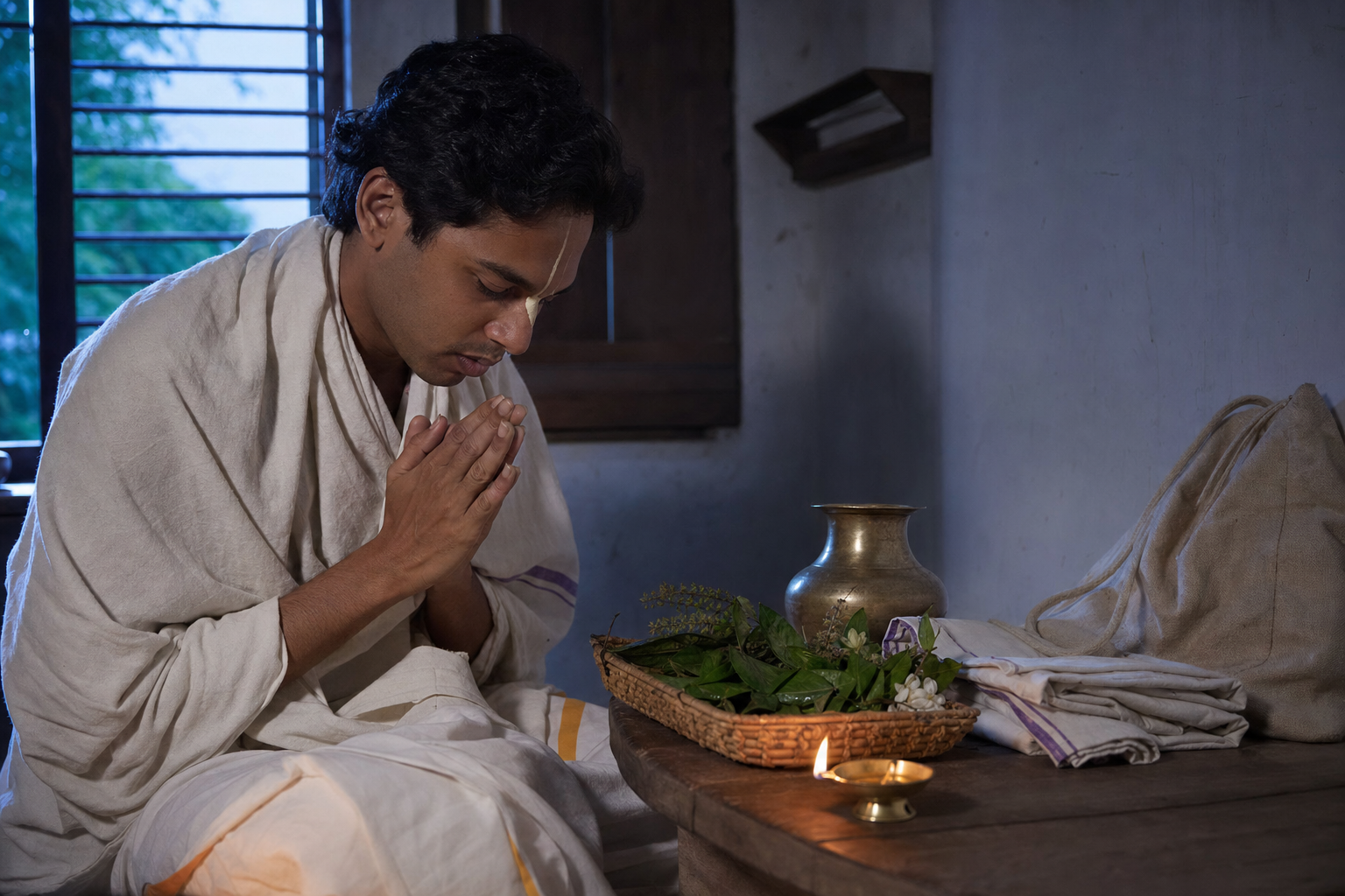 A pilgrim arranges tulasi leaves, flowers, a shawl, and a water vessel at home before departure.
