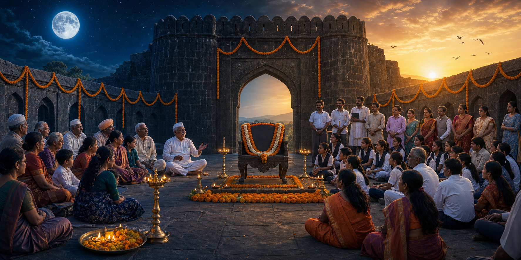 The same Maharashtra fort courtyard appears under moonlight and at sunrise, with families gathering around lamps and flowers in both scenes.