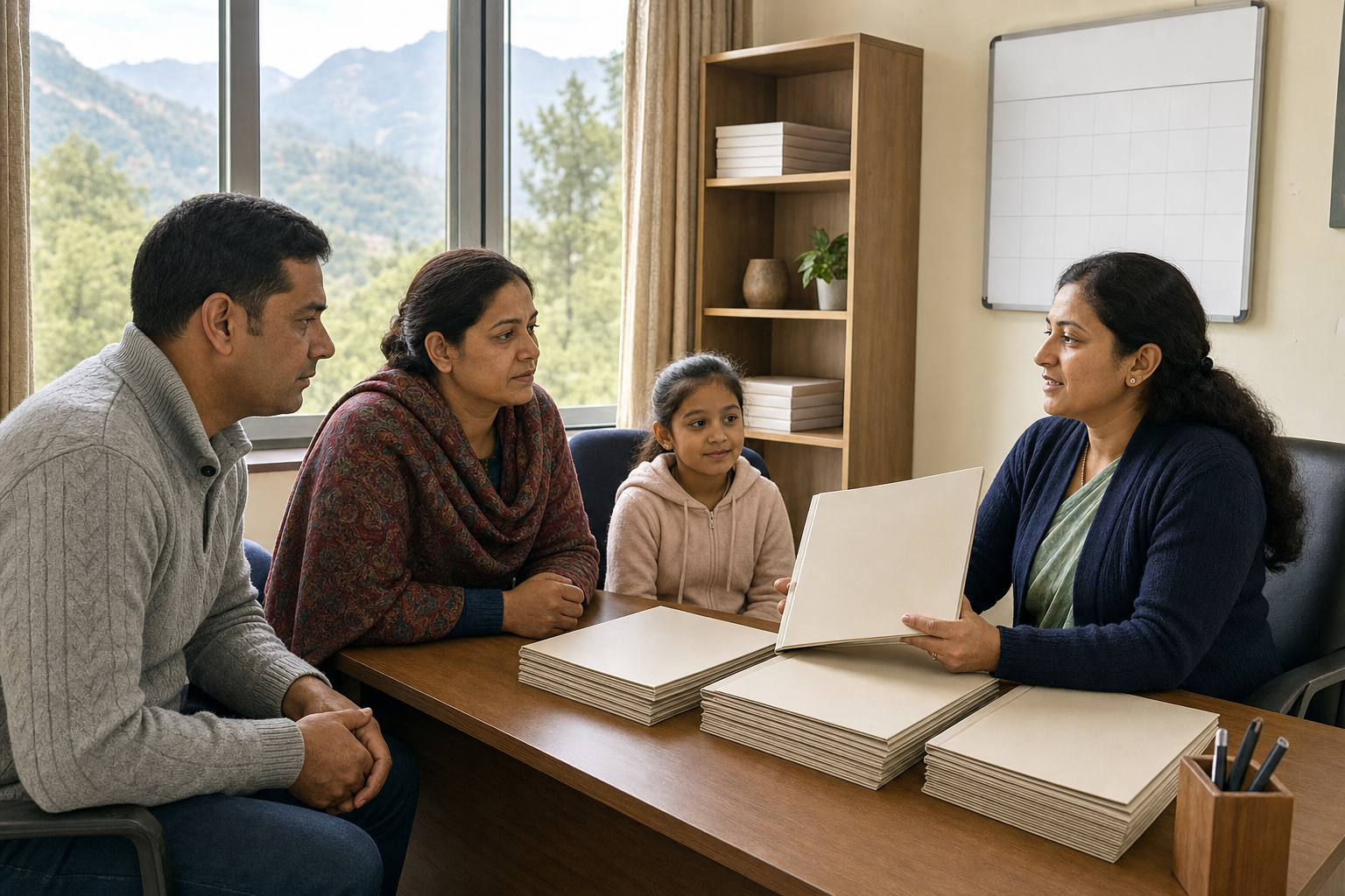 Parents and a child meet with a school principal beside organized student-record folders in an Uttarakhand school office.