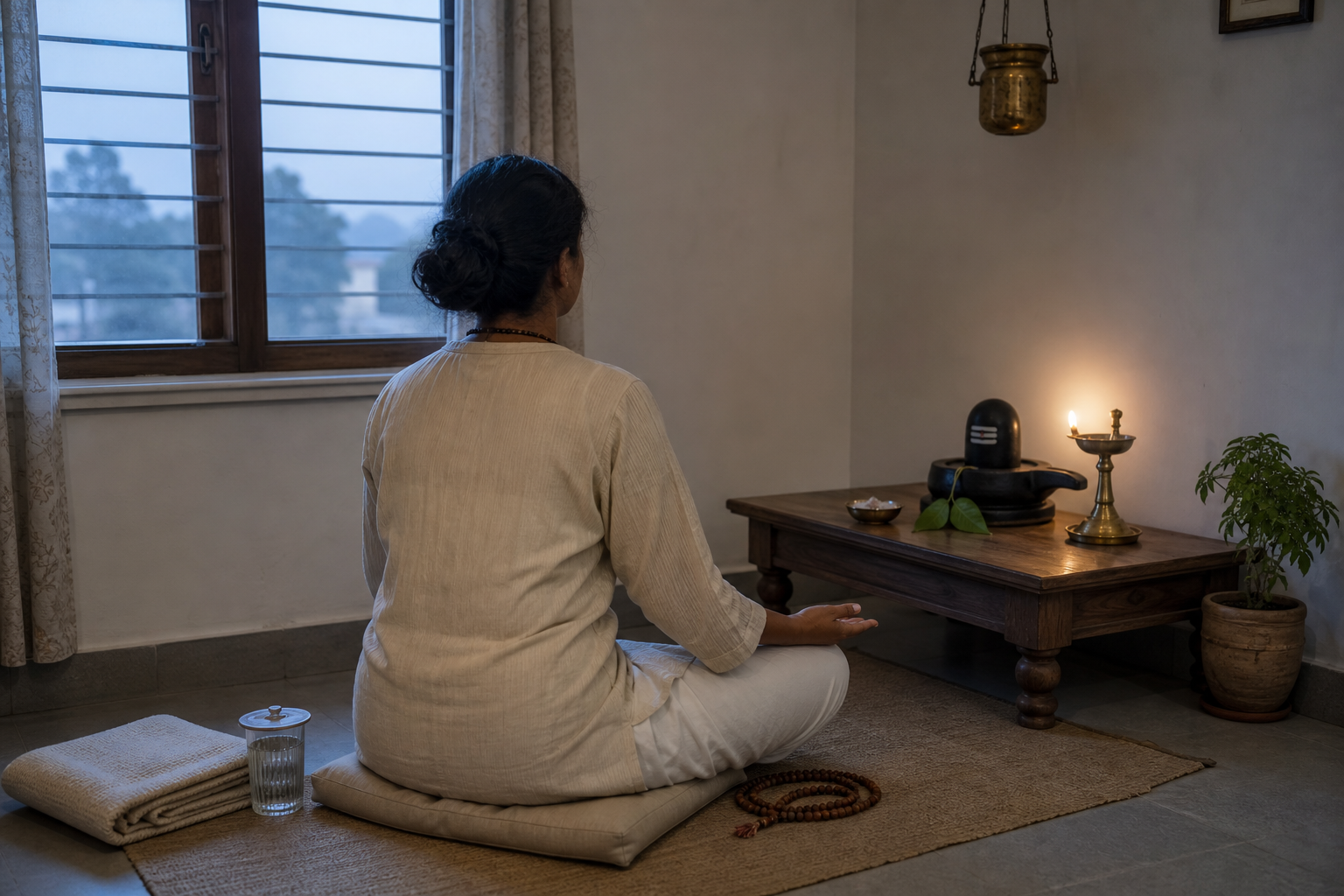 A person sits on a cushion before a small Shaiva home shrine with a rudraksha mala, bilva leaf, sacred ash, water, and a folded blanket nearby.