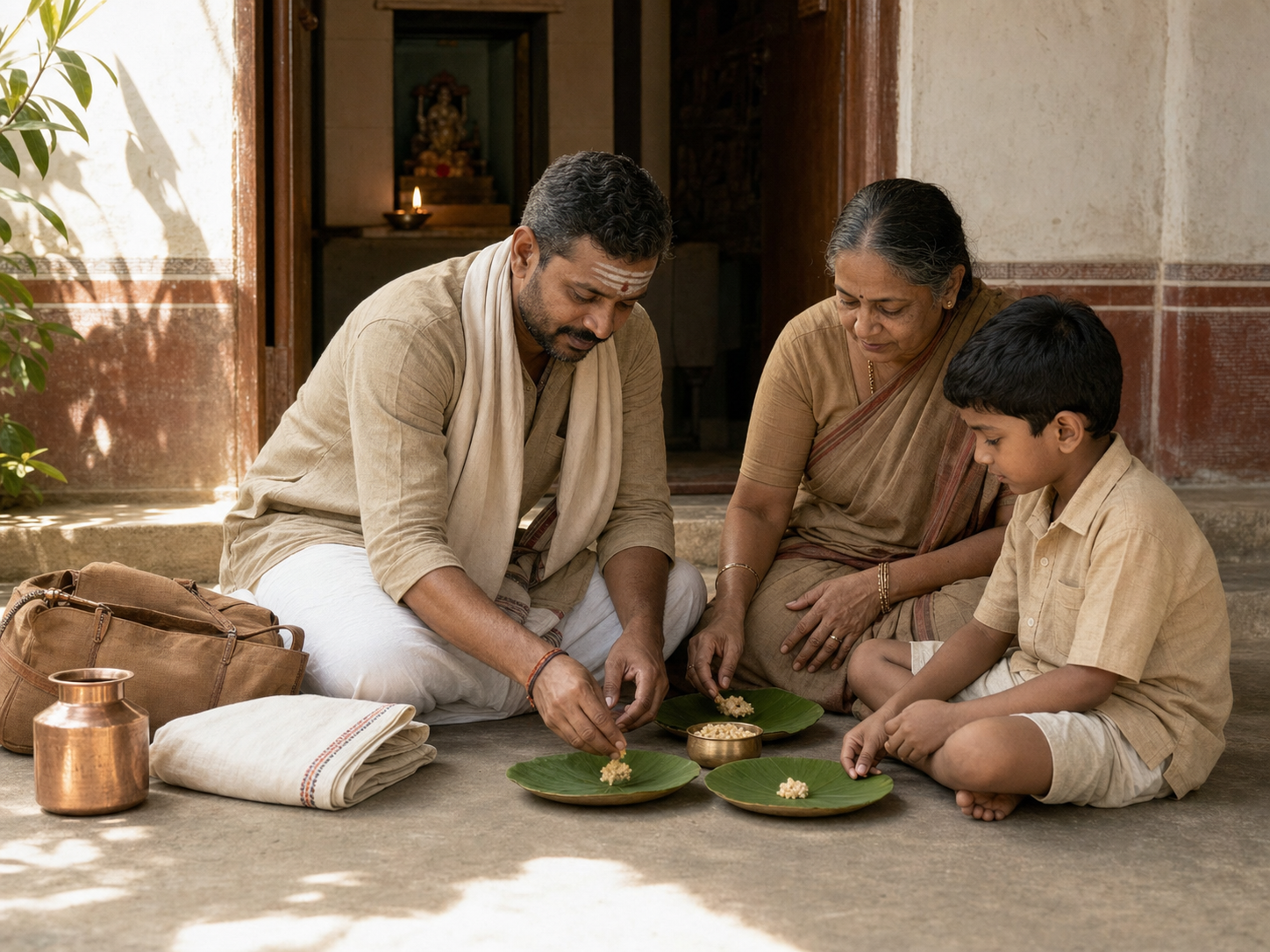 A returned pilgrim shares prasada with an older relative and a child in a home courtyard beside a copper vessel and cloth travel bag.