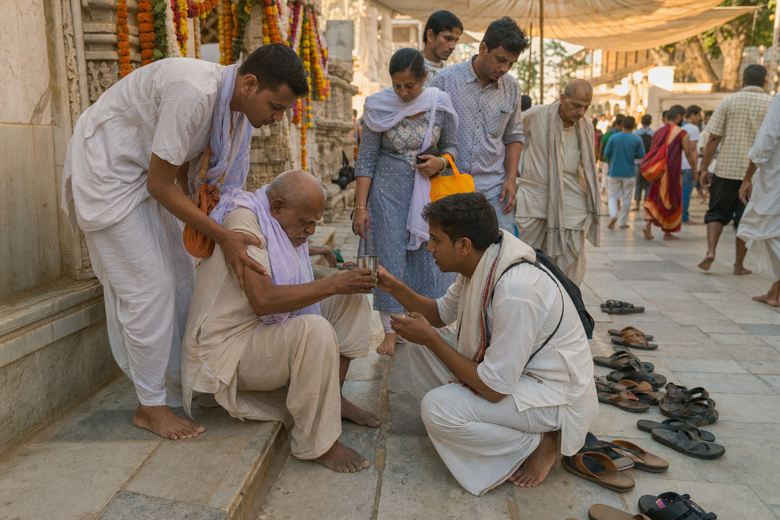 Pilgrims assist an elderly devotee, offer water, and keep a temple walkway clear during a festival.