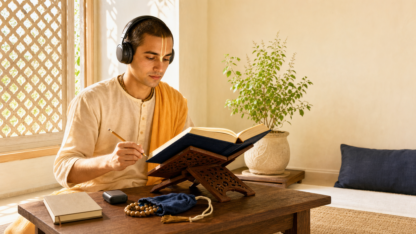 A learner wearing headphones studies an open sacred book on a wooden stand beside a notebook and tulasi bead bag in a sunlit room.