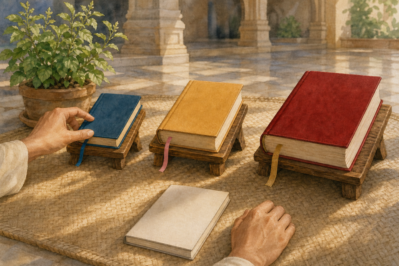A learner chooses one of three cloth-bound sacred books arranged on wooden stands beside a blank notebook and tulasi plant.