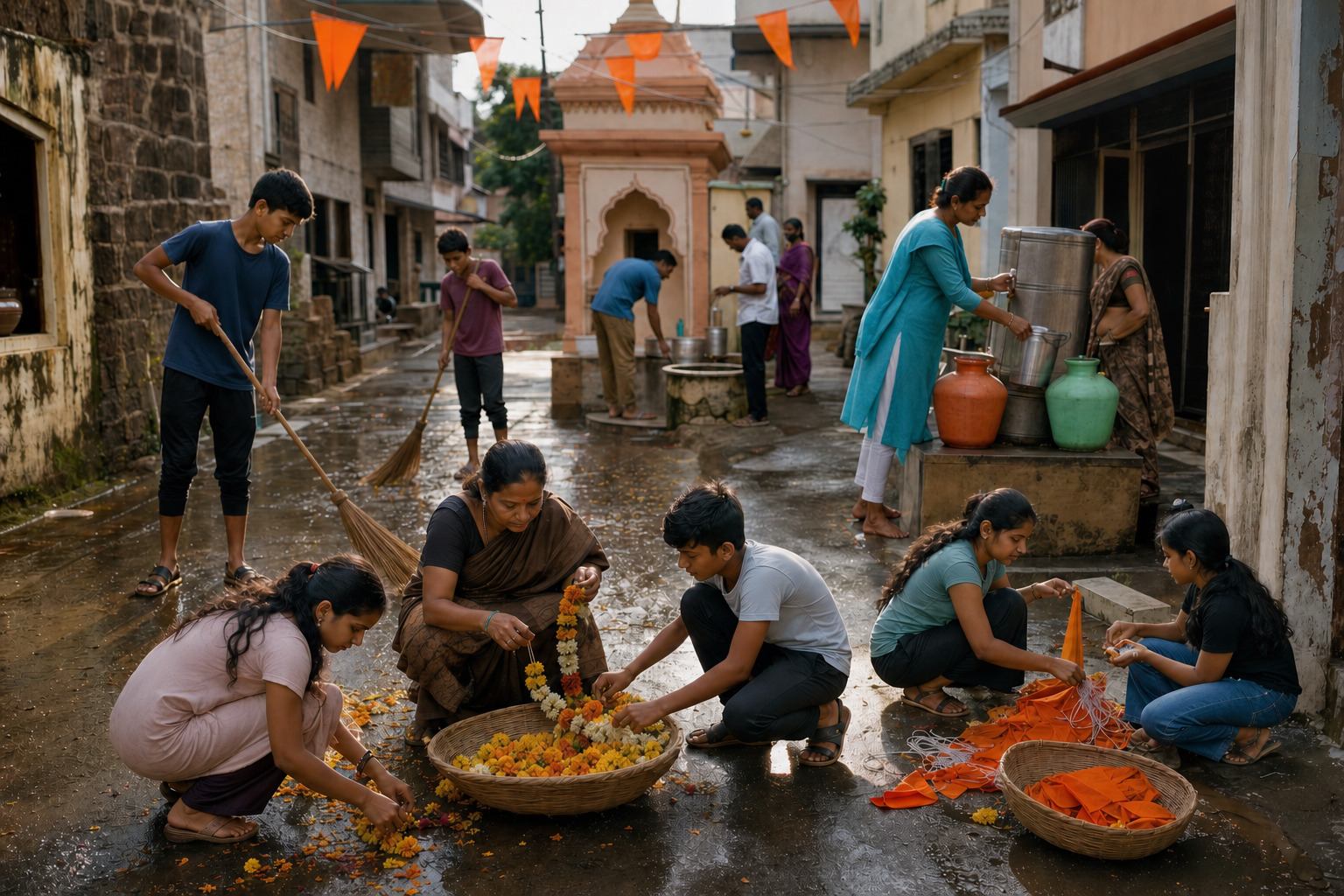 Residents clean a Maharashtra neighborhood street, sort flower garlands, and refill drinking water after a procession.