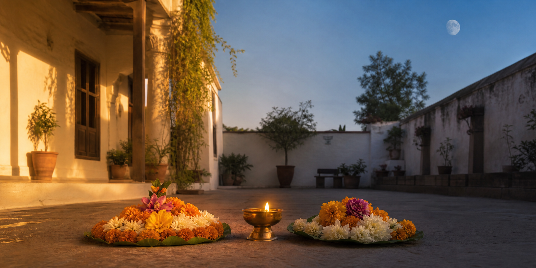 A courtyard prayer setting changes from bright to cooler afternoon light around a brass lamp and two flower offerings.