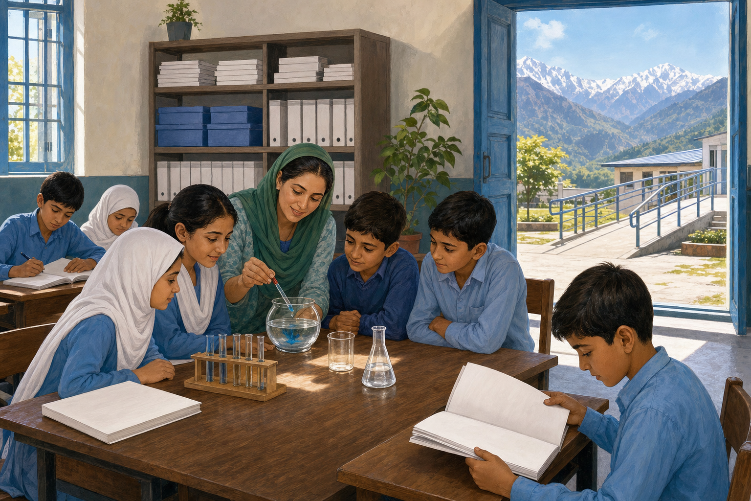 Students take part in a classroom science activity at a well-maintained Uttarakhand school with an accessible entrance and secure records.