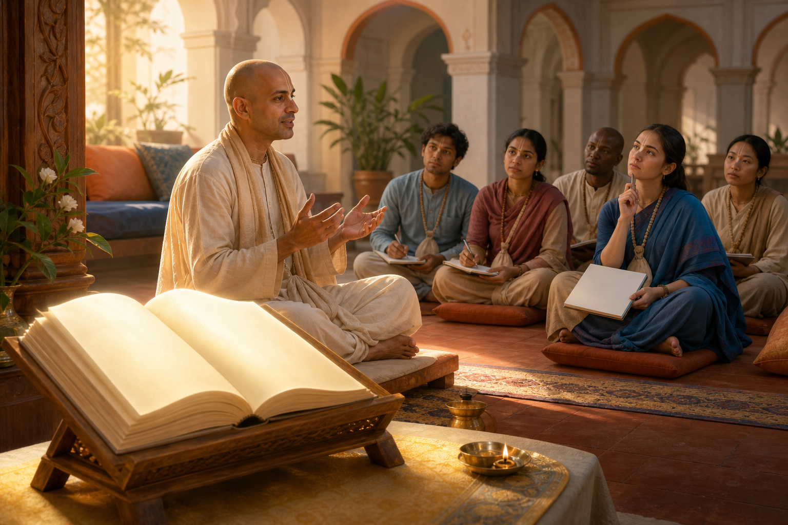 An open sacred book, a seated teacher, and note-taking listeners occupy three distinct layers of a quiet lecture hall.