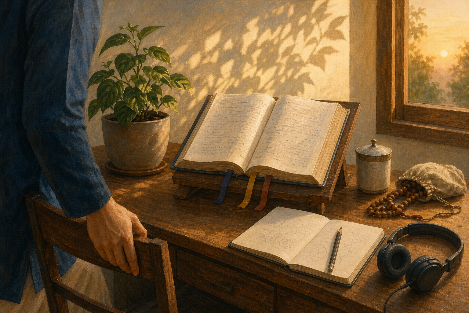 A learner returns at dawn to a familiar study desk with an open marked scripture, headphones, notebook, and tulasi bead bag.